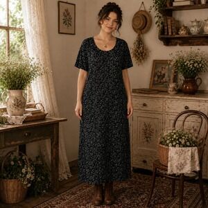 Ditzy Floral A Line‎ Cotton Maxi Dress Plus Size 1X Blue Cottage Modest Romantic